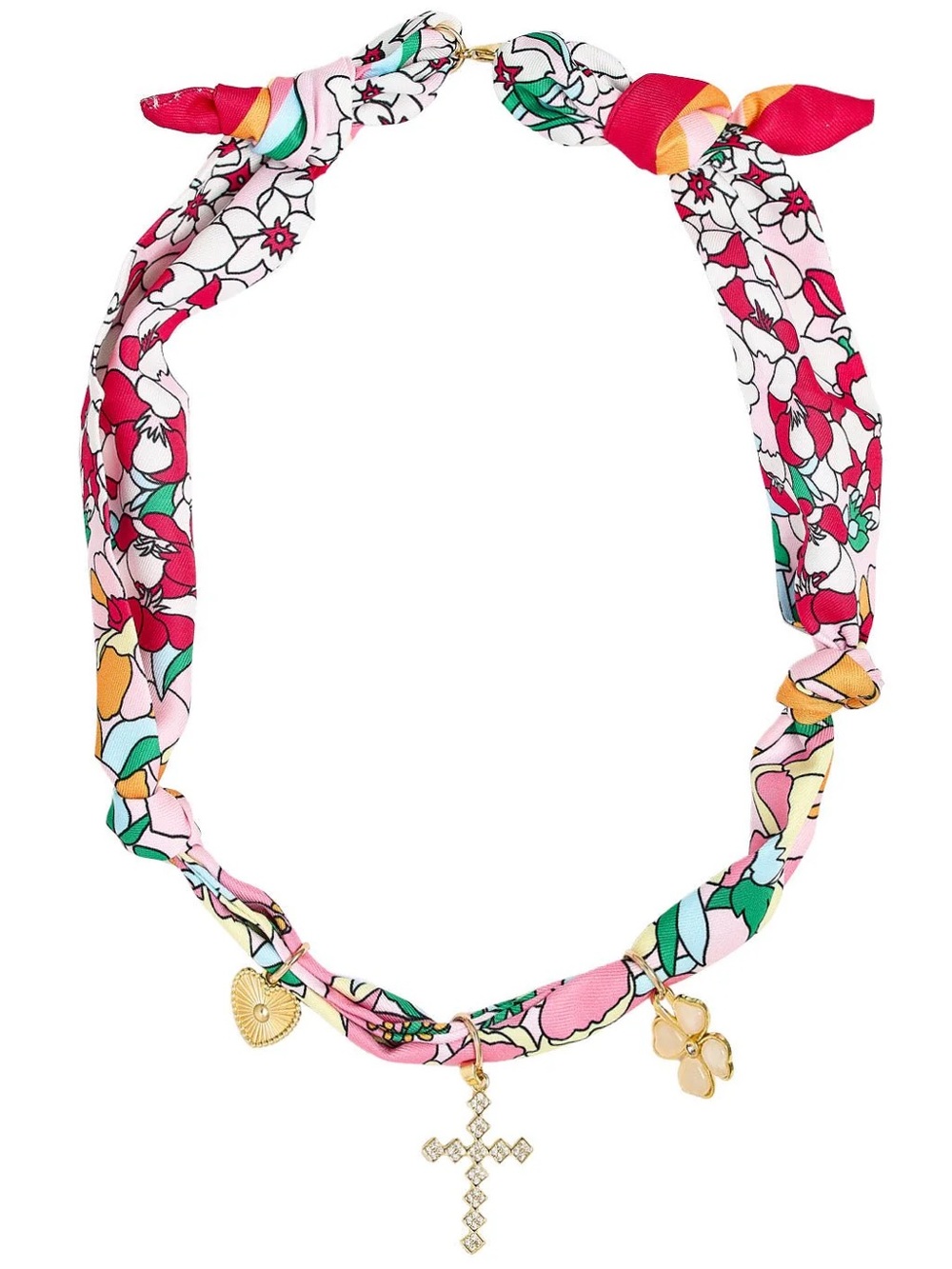 NWT LISI LERCH BRIDGET Floral Pink Silk Scarf Necklace with Gold Charms